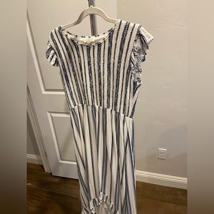 Striped White/Blue Flutter Hem Hi-Lo Dress